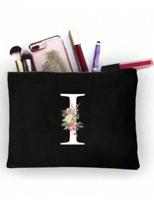 1pc Initials Printed Women's Makeup Bag, Black Small Bag, White Letters A-Z, Cosmetic Bag, Portable Wash Bag, Teacher's Day Gift, Reusable Makeup Bag, Women's Simple And Large Capacity Travel Makeup Bag Suitable For Men And Women, Couples, Daily Use, Birthdays, Holidays, Back To School, Vacation, Beach, Travel, Students, Daily Storage, Personalized Gift Bag, Suitable For Weddings, Mother And Grandmother's Birthday Gifts, Ladies, Friends, Bridesmaids, Travel Essentials Makeup Organizer - Black - View 31