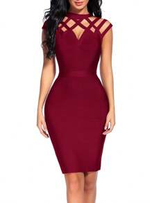 Women's Hollow Out Bandage Party Dress Sleeveless High Neck Bodycon Dresses Club - Màu Đỏ Sâu - Xem 6