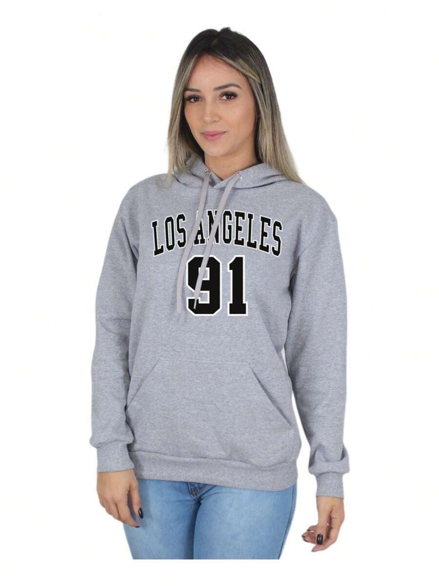 Women's Printed Sweatshirt Kangaroo Cold Weather Top Los Angeles - 灰色 - 查看 1