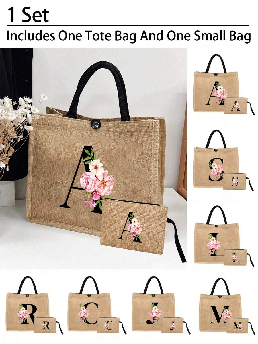 两件套，包含一个粉色花朵黑色字母亚麻手提包（可定制姓名首字母）和一个配套小包，简约优雅，可作为伴娘婚礼礼物、化妆包或旅行收纳包。 - 卡其色 - 查看 1