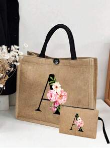 两件套，包含一个粉色花朵黑色字母亚麻手提包（可定制姓名首字母）和一个配套小包，简约优雅，可作为伴娘婚礼礼物、化妆包或旅行收纳包。 - 卡其色 - 查看 3