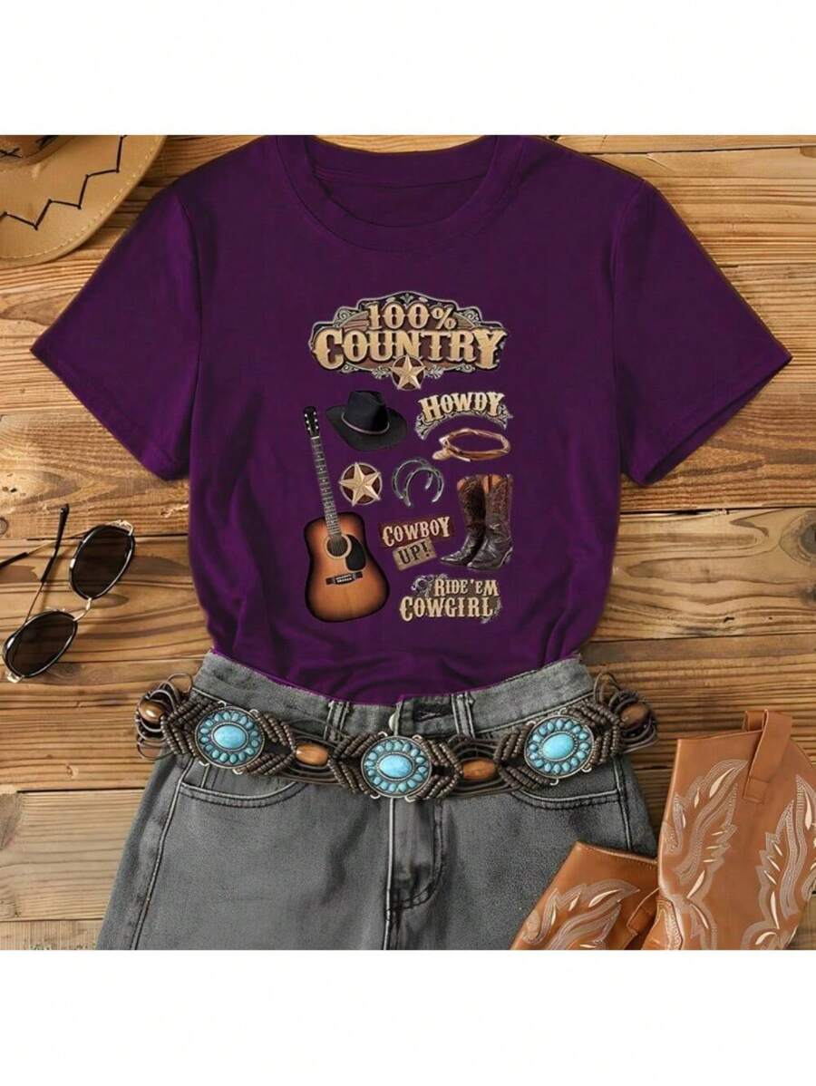 100% Country Cowgirl Show Rodeo Horses Party Cowboy Country Agro T-Shirt - Màu tím - Xem 1