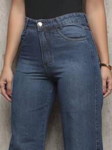 Shein Women's Wide Leg High Waisted Slim Butt 100% Denim Jeans - 藍色 - 查看 4