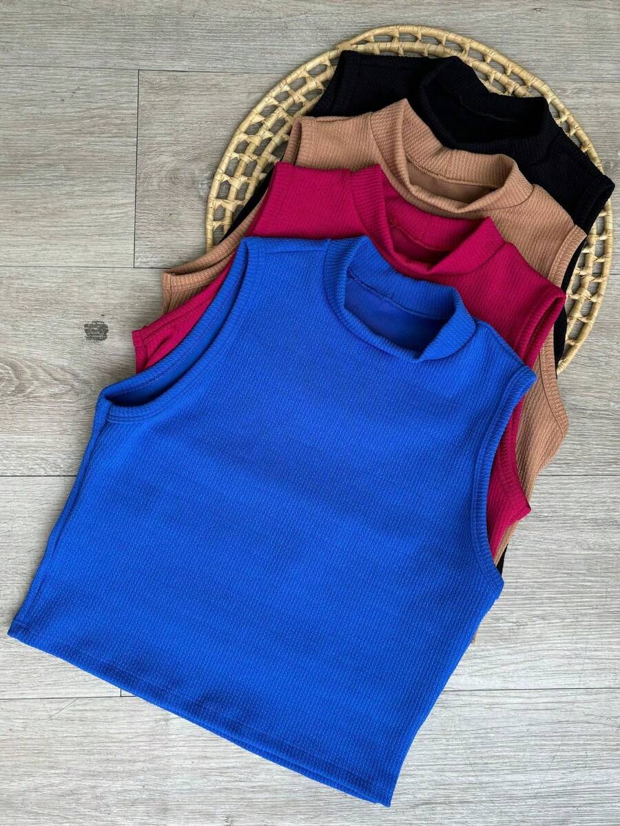 Cropped Turtleneck Tank Top For Women - 寶藍色 - 查看 1