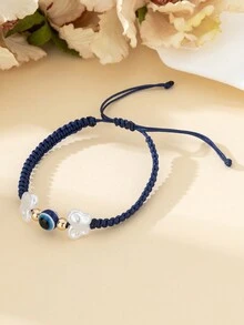1pc Cute & Sweet Faux Pearl Butterfly & Evil Eye Adjustable Bracelet For Women, Suitable For Daily Wear & Festivals - الأزرق - مشاهدة 4
