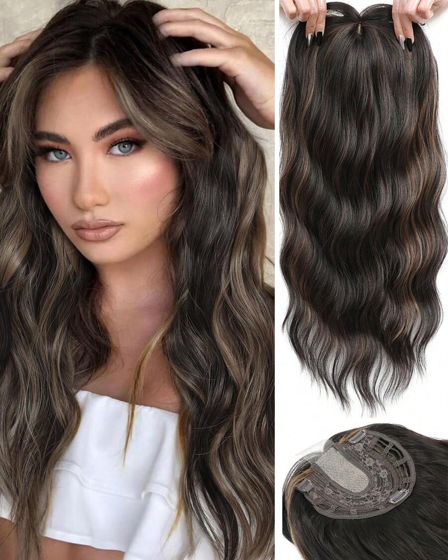 Megito Hair Toppers For Women 20inch Wavy Hair Toppers For Women Toppers Hair Pieces For Women With Thinning Hair Synthetic Wig Clip In Hair Topper Wiglets With Fringe Bang Add Hair Volume - 深棕色帶亮點 - 查看 1