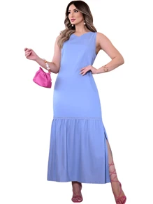 Women's Long Dress With Lace Cutout On The Side - Sky Blue - View 7