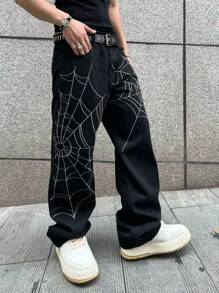 1pc American Streetwear Spider Web Embroidery Baggy Jeans For Men, For Halloween - Black - View 8