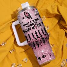 1 Piece 20oz Skull Ghost Pattern Ice Cup, Stainless Steel Vacuum Tumbler, Keeps Drinks Hot Or Cold, Cup Holder Friendly, Halloween Gift For Family And Friends - Pink - View 4