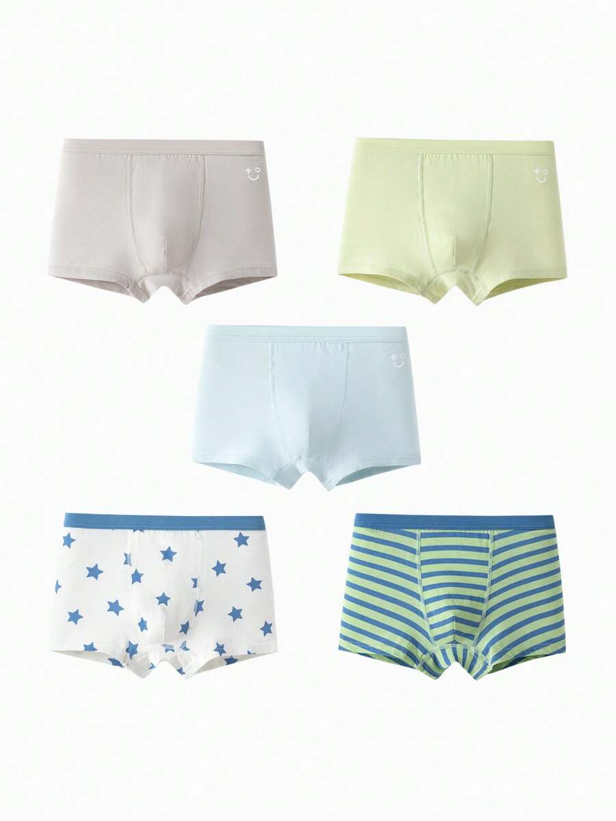 Balabala 5pcs/Pack Boys' Premium Cotton Briefs, Featuring Playful Prints And Classic Solid Colors