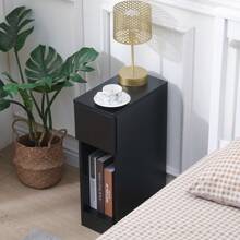 Slim Bedside Table Bedroom Nightstand With Open Shelf & Drawer, Narrow End Table Sofa Side Table For Living Room, Compact Wooden Lamp Table Telephone Table For Home Office - Black - View 3