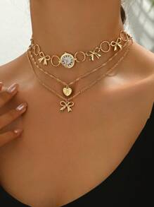 1 件多层项链，带心形、蝴蝶结、蝴蝶吊坠和丝带，复古风格，适合女性，日常佩戴，情人节礼物，情人节，妈妈，母亲，母亲节，礼物 - 多層項鍊 - 查看 2