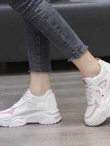 Giày thể thao đế bằng màu hồng cho nữ, đế dày, mũi tròn, thoáng khí, buộc dây, đế xuồng, mùa thu - Hồng - Xem 3