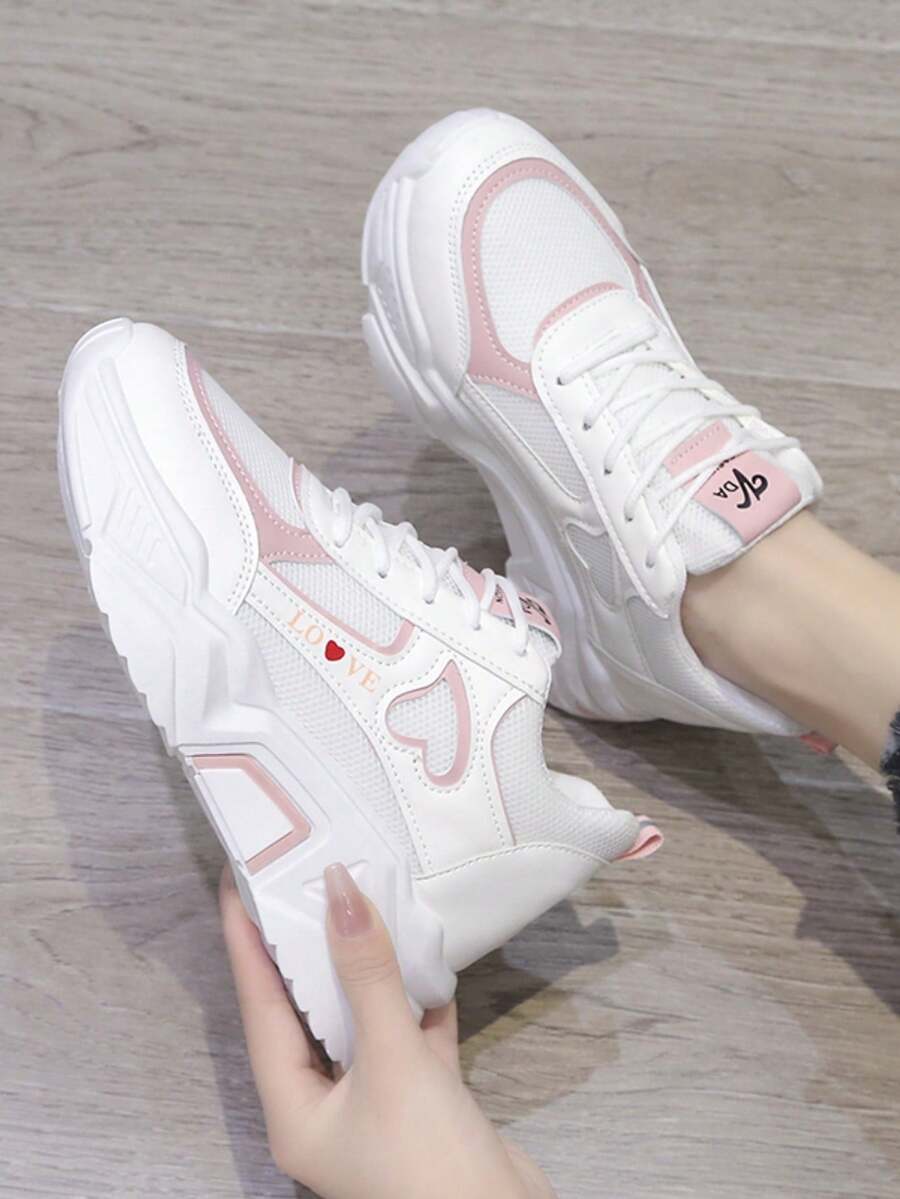 Giày thể thao đế bằng màu hồng cho nữ, đế dày, mũi tròn, thoáng khí, buộc dây, đế xuồng, mùa thu - Hồng - Xem 1