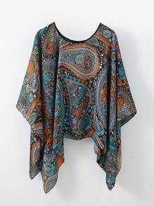 1 件女士沙滩配饰夏季印花蝙蝠袖上衣雪纺斗篷休闲宽松透明衬衫搭配花卉印花真丝围巾波西米亚风沙滩罩衫配饰女士 - 彩色 - 查看 24