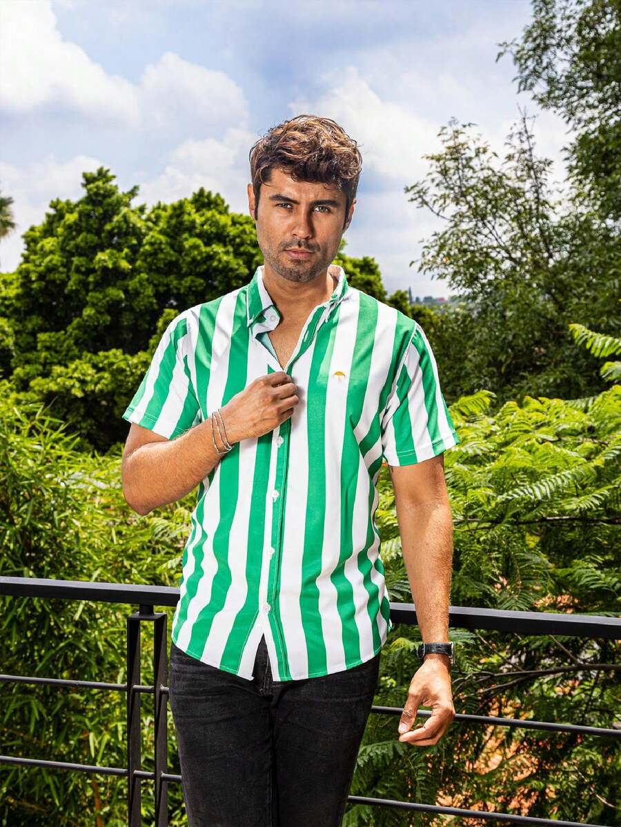 Camisa Hombre Casual Manga Corta Rayas Verdes, Blancas - Verde - Ver 1