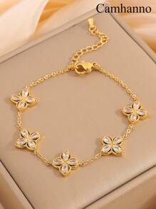 Camhanno 1 件轻奢时尚不锈钢四叶花百搭手链适合节日女友情人节
