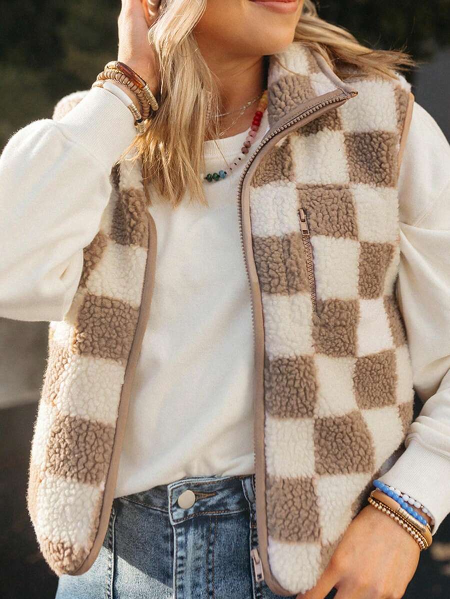 CILKOO Khaki Checkered Lapel Winter Women's Jacket Vest