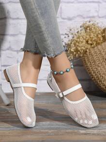 方头时尚镂空格子芭蕾平底鞋，带扣细节，简约设计 - 白色 - 查看 6