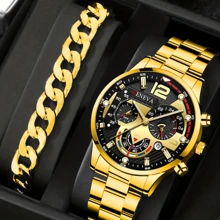 3 件套：时尚百搭男士不锈钢石英表、扁平手链、项链 - 送给爸爸的礼物套装 - 金色 - 查看 2