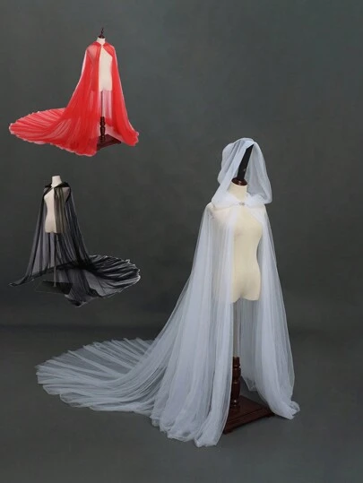 1 pieza Capa con capucha de tul para mujer, capa de novia de longitud hasta el piso, capa de tul suave, disfraz, capa, disfraz de vampiro, ropa de otoño para mujer en negro/blanco/rojo