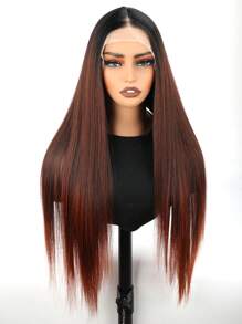 渐变红棕色合成蕾丝前假发，13x4 T 部分合成蕾丝假发，预拔长直发假发，适合女士 30 英寸初学者假发，透明蕾丝假发，带自然发际线 - 漸層紅色 - 查看 4