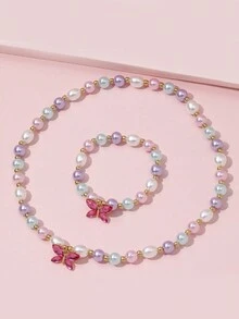 1 juego Nuevo conjunto de joyería de collar y pulsera para niños, accesorios de cuentas, colgante de mariposa linda de princesa para niñas - Multicolor - Ver 4