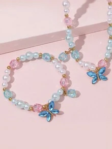 1 juego Nuevo conjunto de joyería de collar y pulsera para niños, accesorios de cuentas, colgante de mariposa linda de princesa para niñas - Multicolor - Ver 8