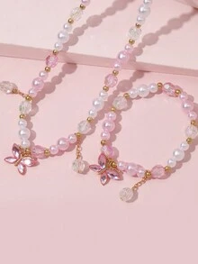 1 juego Nuevo conjunto de joyería de collar y pulsera para niños, accesorios de cuentas, colgante de mariposa linda de princesa para niñas - Multicolor - Ver 7