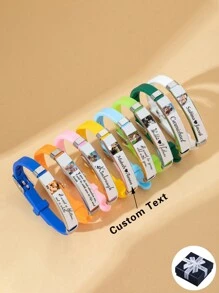 可定制彩色硅胶手链，带有文字/名字，不锈钢个性化励志引语照片手链，适合爱人，是情人节、圣诞节、万圣节的完美礼物