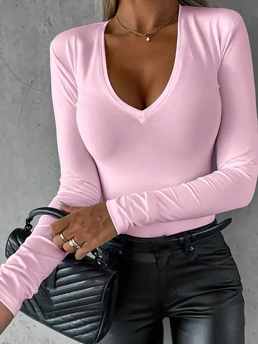 Áo thun trơn cổ chữ V dài tay màu trơn thường ngày, Xuân/Thu - Hồng - Xem 1