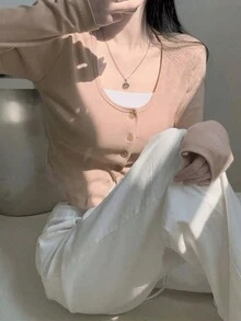 Cárdigan de ajuste slim de unicolor para mujer - Rosa - Ver 4