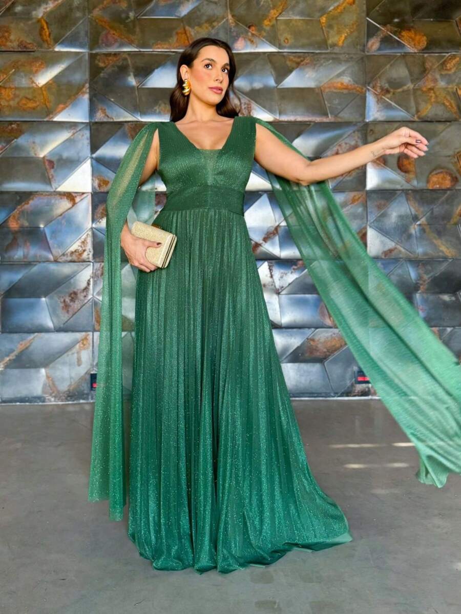 LONG DRESS FOR WEDDING BRIDESMAID GRADUATES PLEATED TULLE WITH SHINE - Olive Green - View 1