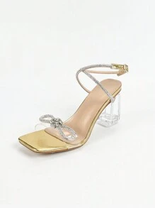 Women's Fashion Gold Rhinestone Bow Decor Transparent Versatile Party Chunky Heel Ankle Strap Sandal, Suitable For Summer Charming Versatile Party Chunky Heel Sandal - Gold - View 8