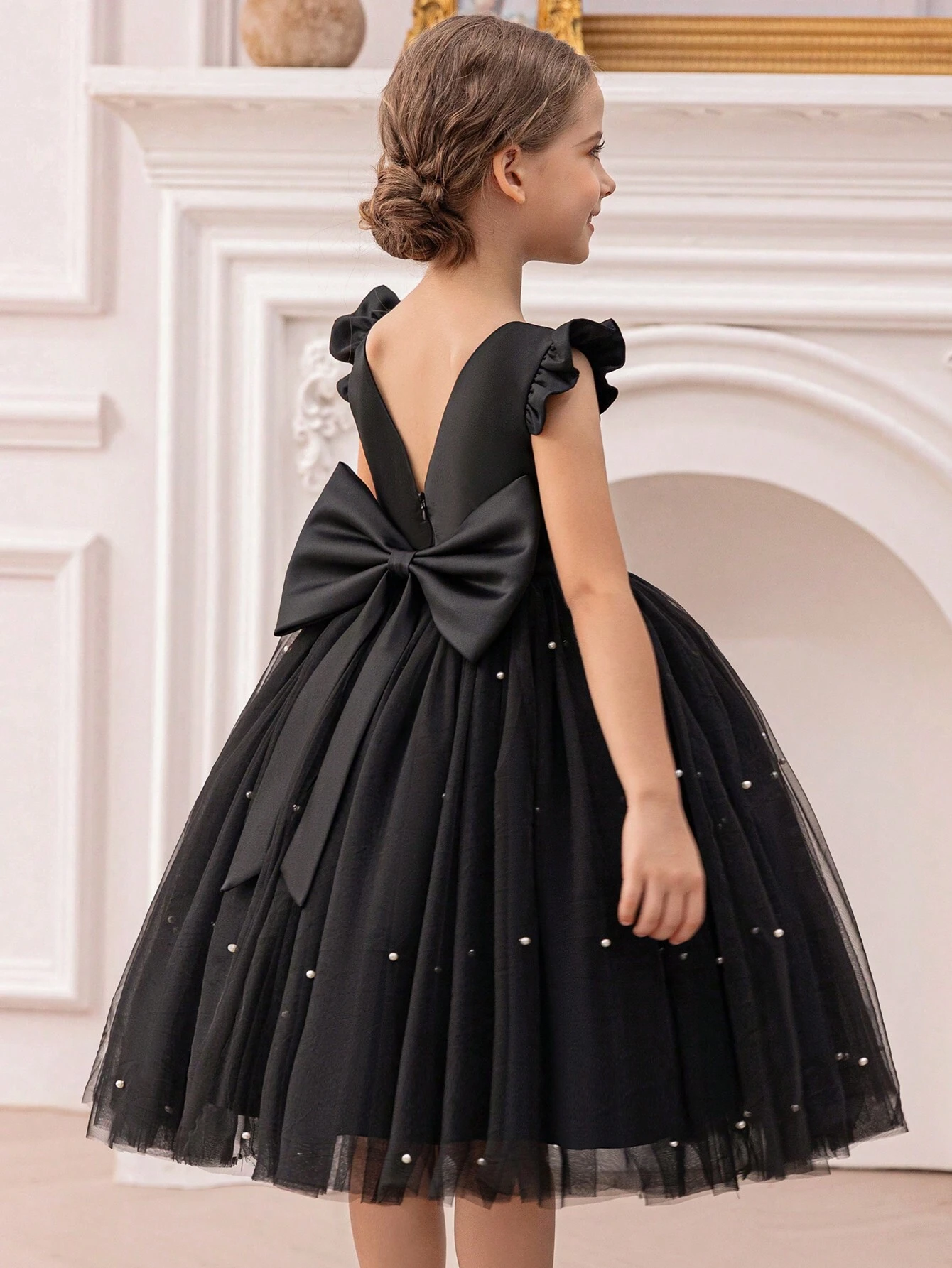 Black Cap Sleeve Mesh Elegant Christmas Princess Dress, Suitable For Girls