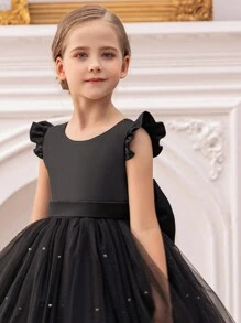 Vestido elegante de princesa de manga corta con malla negro, adecuado para fiesta de cumpleaños de niñas, banquete, disfraz, uso diario casual, actuación de instrumentos, espectáculo en el escenario, celebración de vacaciones - Negro - Ver 8
