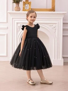 Vestido elegante de princesa de manga corta con malla negro, adecuado para fiesta de cumpleaños de niñas, banquete, disfraz, uso diario casual, actuación de instrumentos, espectáculo en el escenario, celebración de vacaciones - Negro - Ver 9