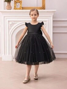 Vestido elegante de princesa de manga corta con malla negro, adecuado para fiesta de cumpleaños de niñas, banquete, disfraz, uso diario casual, actuación de instrumentos, espectáculo en el escenario, celebración de vacaciones - Negro - Ver 3