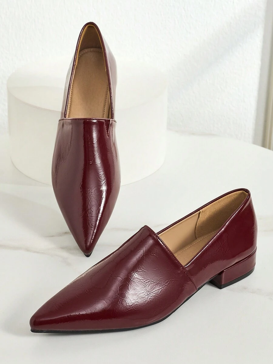 Giày lười mũi nhọn màu đỏ Date 2024 mới, giày lười đế bằng đơn giản, thoải mái, thời trang, phong cách Anh, đi làm cho nữ