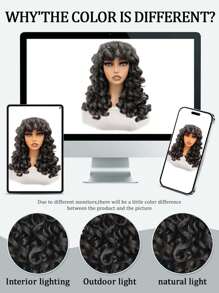 Curly Wigs For Women Synthetic Loose Wig Black 18 Inch Natural Cosplay Hair Wig With Bangs Heat Resistant Wig - màu đen - Xem 5
