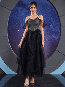 Vestido de noche formal (muy enjoyado) para mujeres, vestido de graduación elegante negro, para invitadas de boda, graduación, cena - Negro - Ver 1