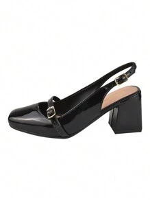 Women's Mary Jane Doll Shoes Open Toe Pumps Donatella Shoes Square Toe Block High Heel Comfortable - màu đen - Xem 3