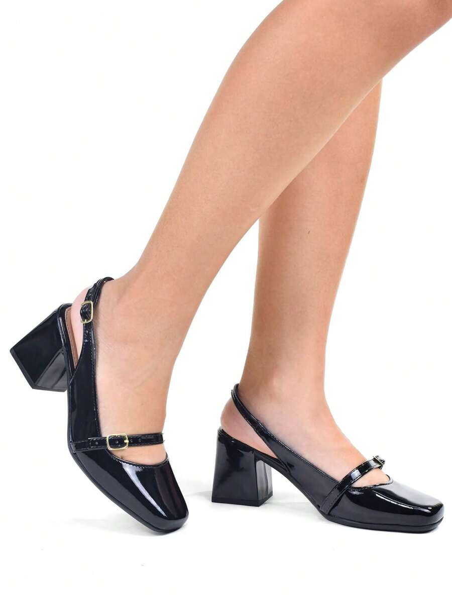 Women's Mary Jane Doll Shoes Open Toe Pumps Donatella Shoes Square Toe Block High Heel Comfortable - màu đen - Xem 1