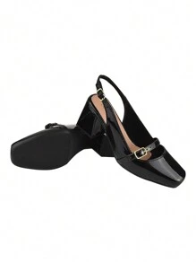 Women's Mary Jane Doll Shoes Open Toe Pumps Donatella Shoes Square Toe Block High Heel Comfortable - màu đen - Xem 6