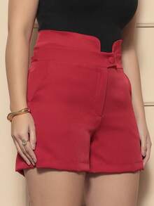 SHEIN Shorts Lua With Pocket And Lined Button Spring Summer - Đỏ - Xem 3