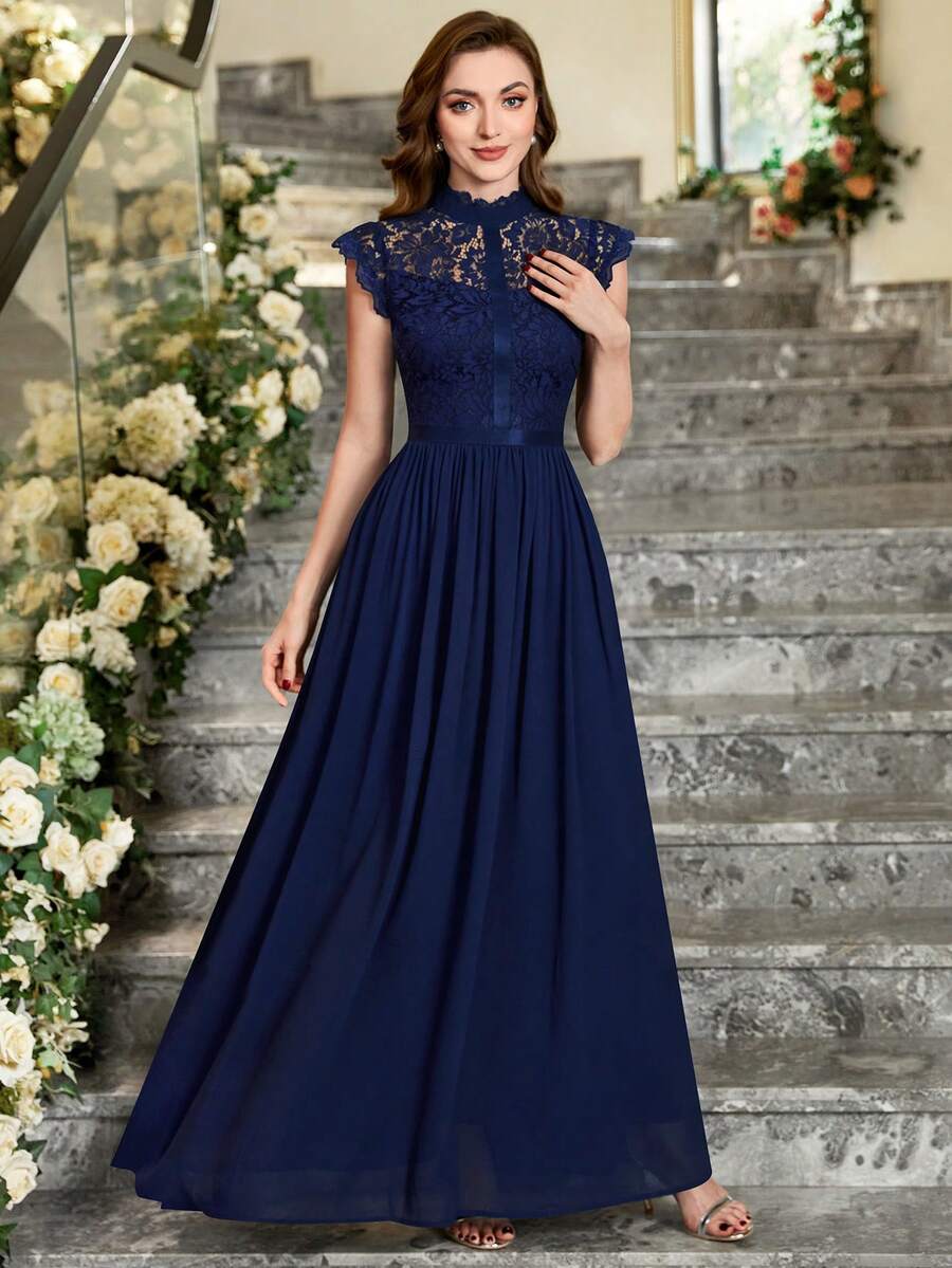 MIUSOL 緞帶蕾絲拼接雪紡長連衣裙