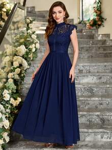 MIUSOL 緞帶蕾絲拼接雪紡長連衣裙 - 藏蓝色 - 查看 5