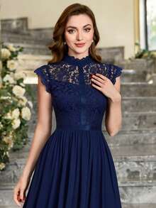 MIUSOL 緞帶蕾絲拼接雪紡長連衣裙 - 藏蓝色 - 查看 8