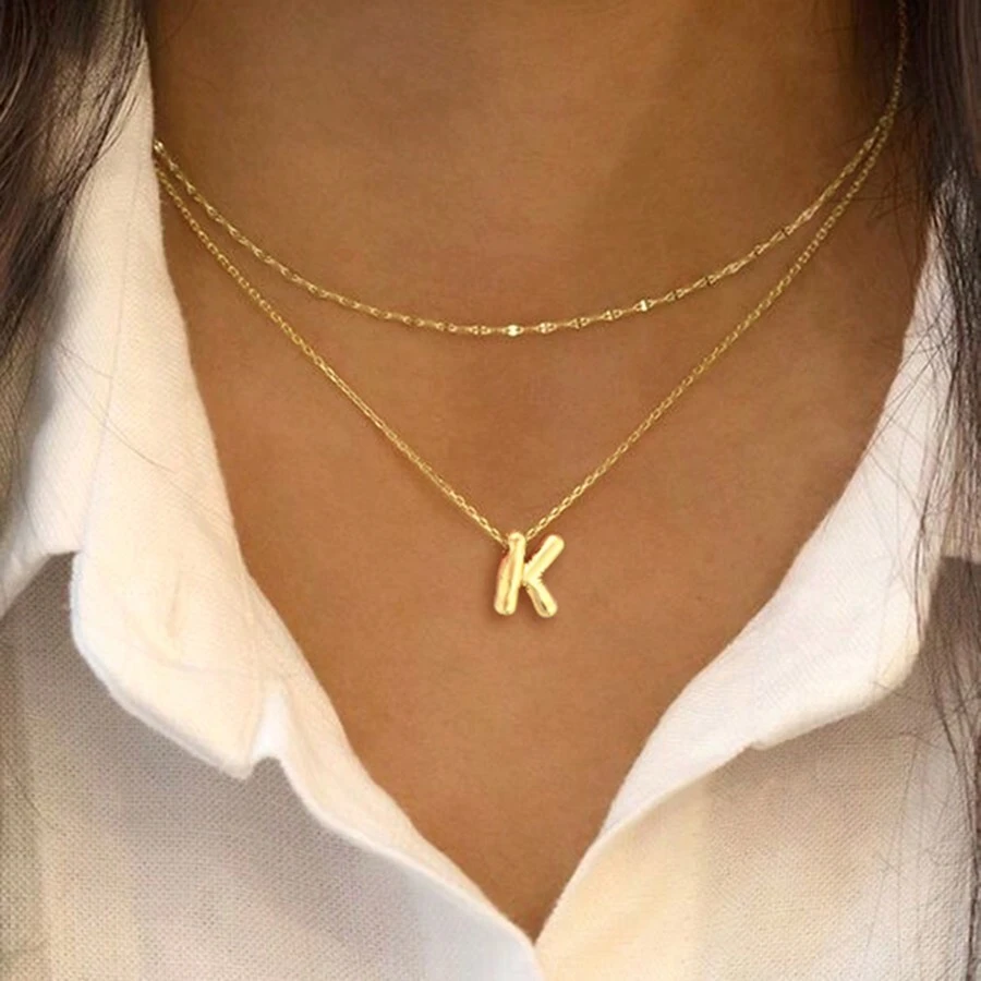 2pcs Set New Oversized Bubble Letter Gold Stainless Steel Lip & Neck Chain Necklace, For Women - Yellow Gold - View 1