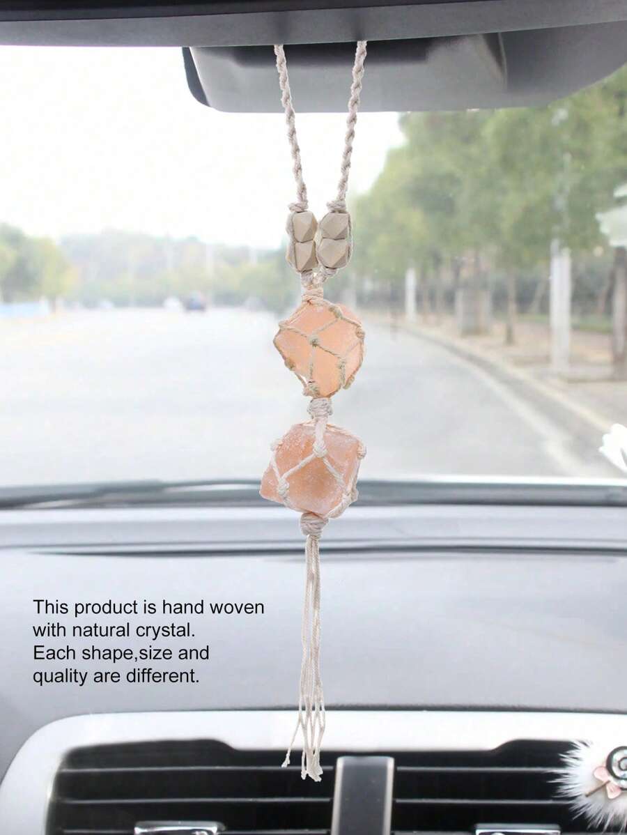 1pc Crystal Car Rearview Mirror Hanging Decoration Pendant, Double/Single Stone - Dusty Pink - View 1